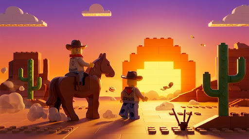 A fun and light LEGO-style illustration of a cowboy riding a horse into a vibrant sunset.