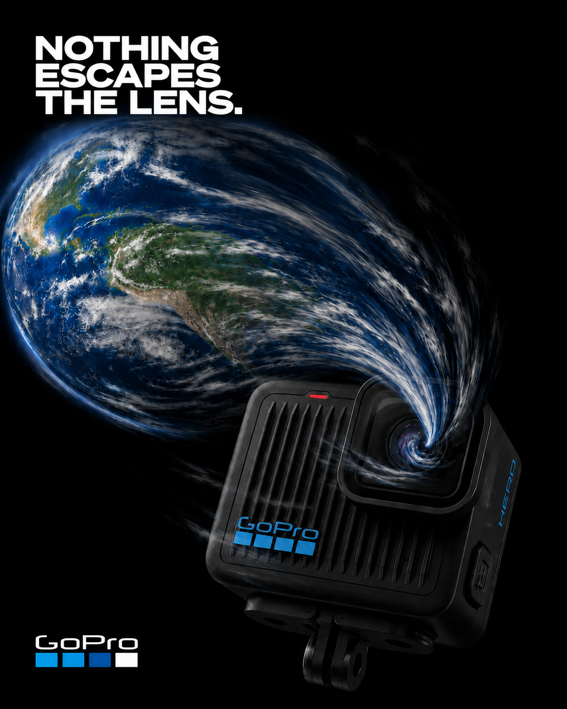 Independent GoPro concept visualising the world being pulled into a camera lens
