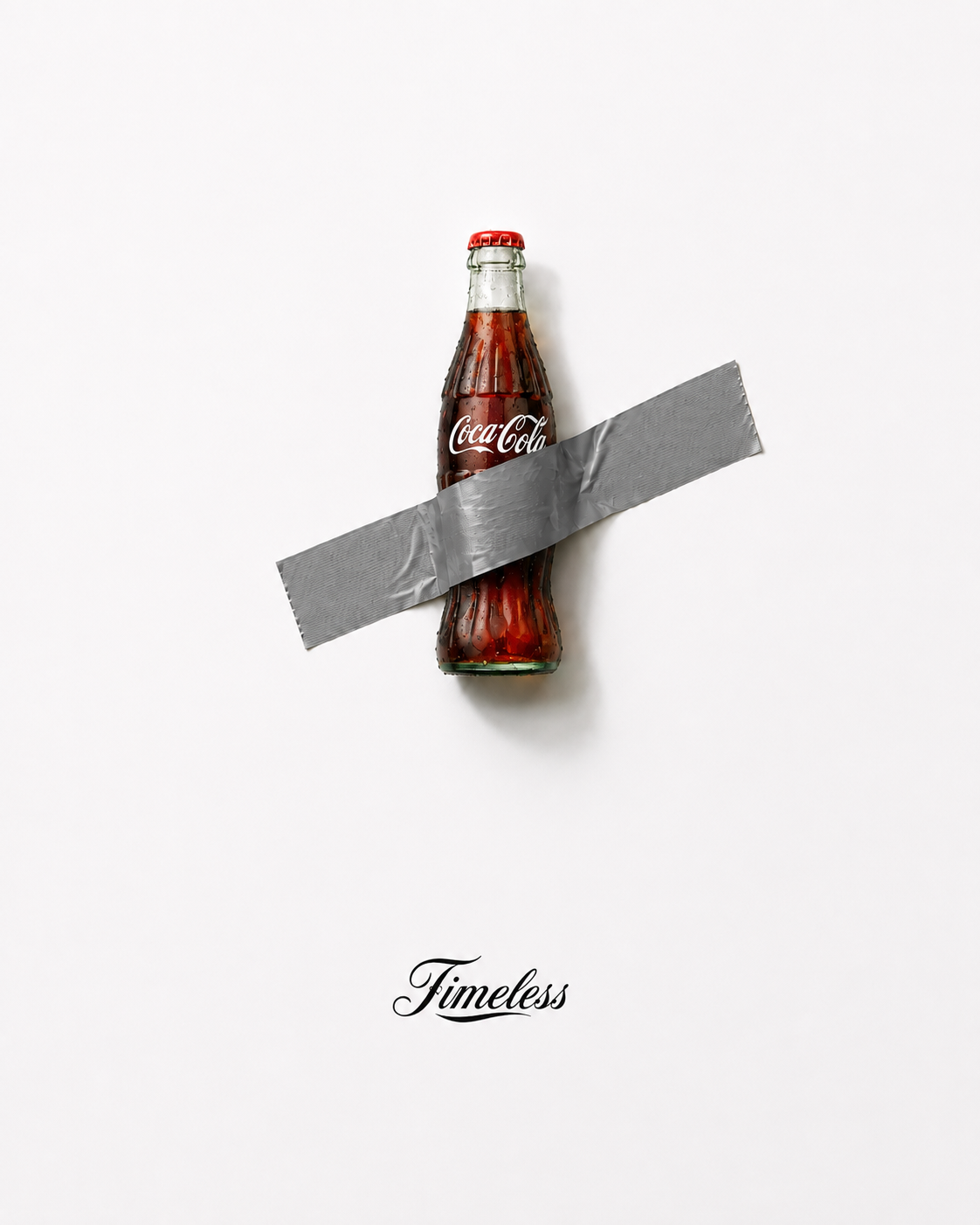 Independent Coca-Cola concept showing a bottle held in place with tape above the word Timeless