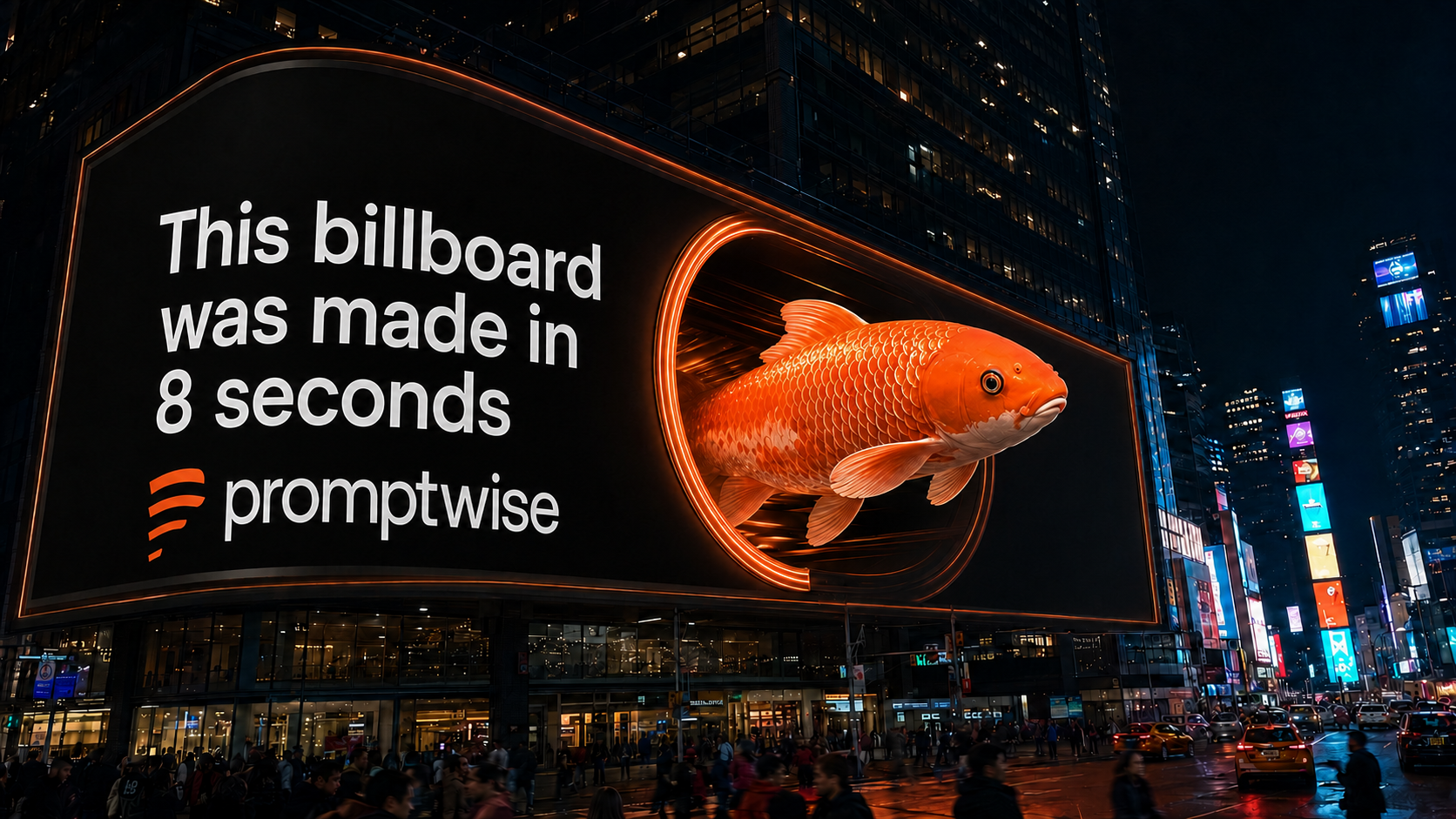 Promptwise anamorphic billboard concept with an orange koi emerging from a display