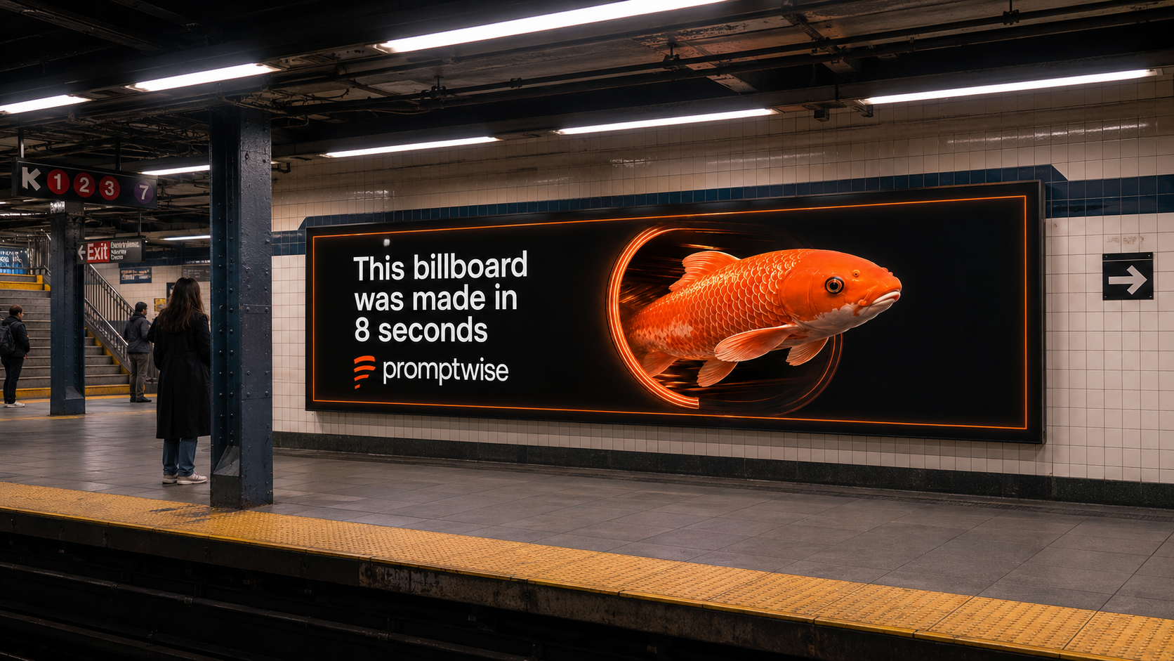 Promptwise orange koi billboard concept visualised inside a New York subway station